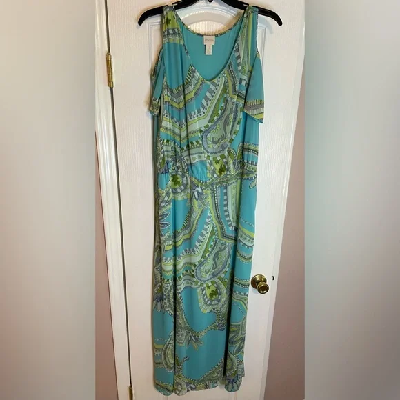 👗Chico’s Sienna Paisley Maxi Dress. Cold shoulder style. Aqua & Green Paisley👗 - Picture 8 of 12